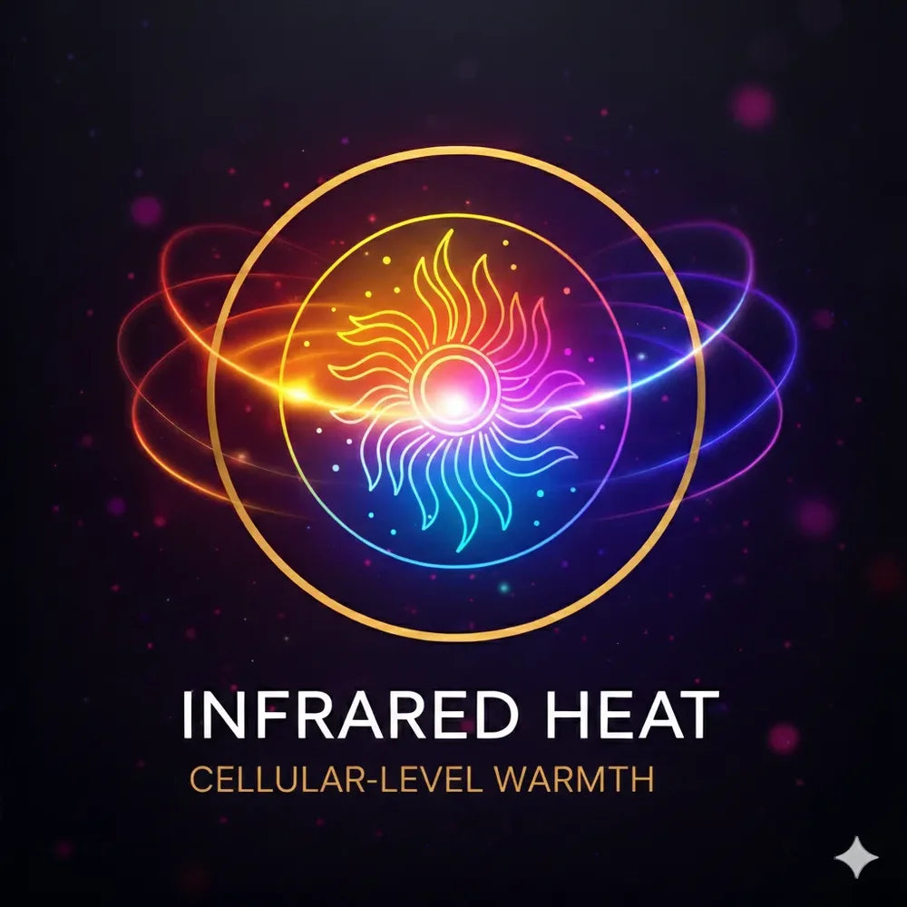 Neon sun burst badge captioned infrared heat, representing far infrared warmth in the Halo Renew Longevity Capsule Halotherapy Chamber