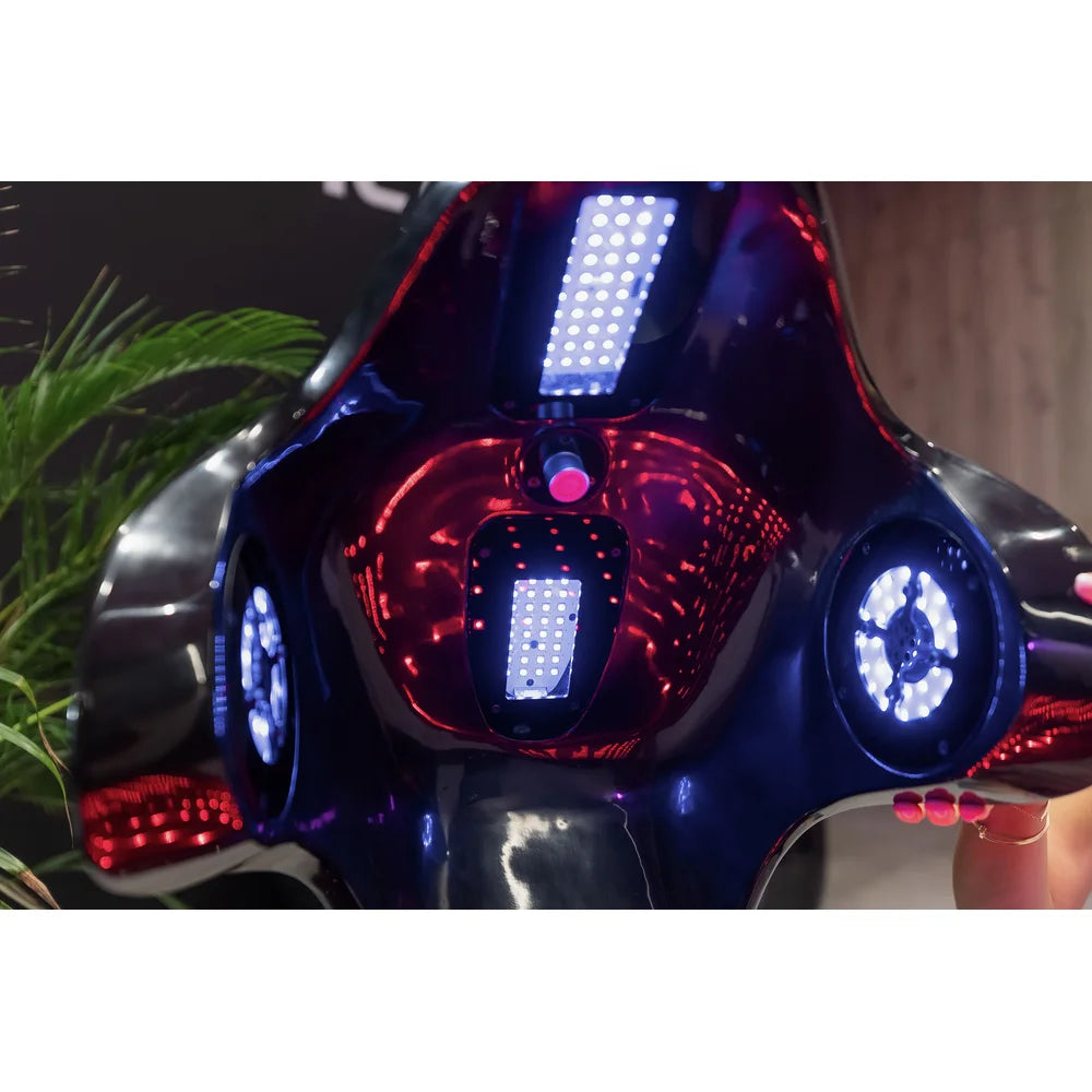 White LED panels, rings, red diodes and oxygen nozzle inside the Vacu Activ Red Couch Oxy Full Body Therapy System dome