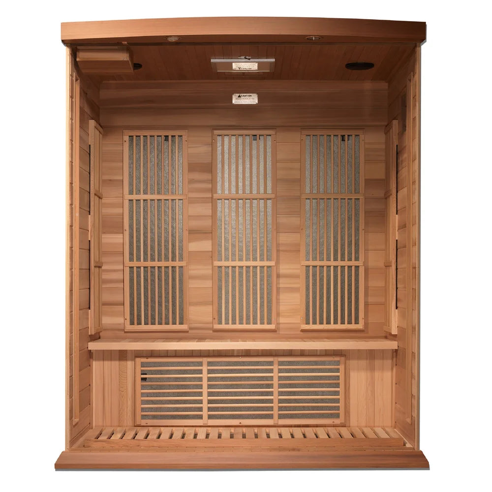 Inside the Maxxus Montilemar Cedar Sauna with full-width bench, three back carbon heaters and under-bench panel
