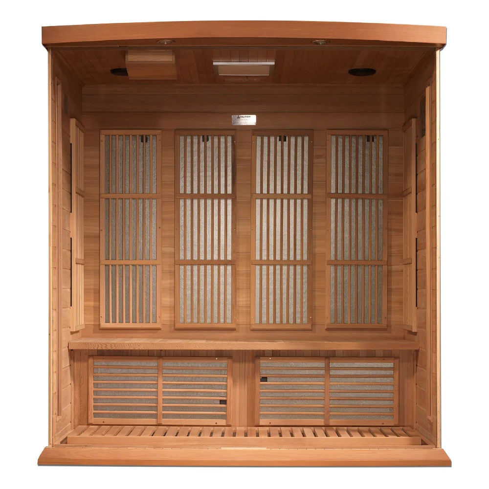 Inside the Maxxus Chaumont Red Cedar Sauna with bench, slatted floor, back wall heat emitters and ceiling speakers