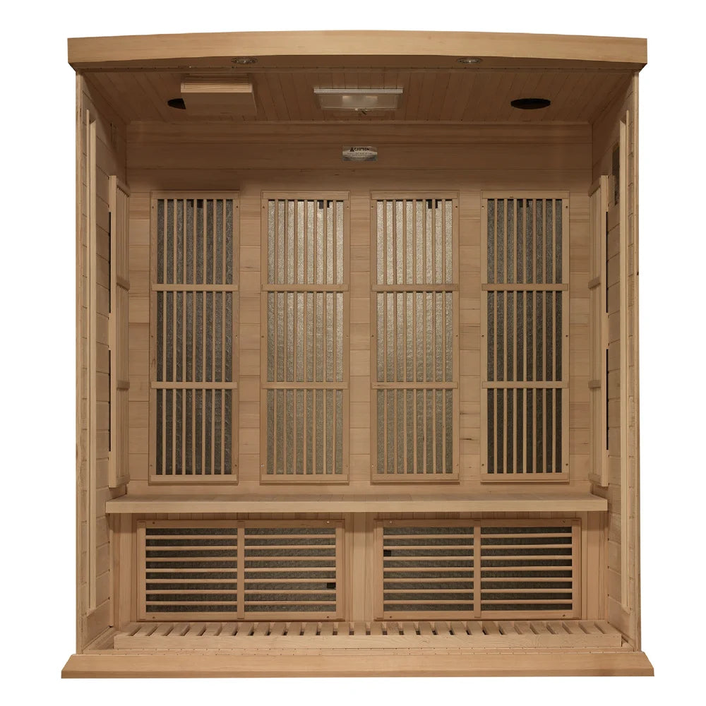 Interior bench, slatted floor and carbon heat emitters inside the Maxxus MX-K406-01-ZF 4 Person Sauna