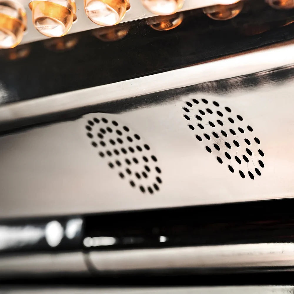 Perforated vent panel and glowing amber LED lenses inside the Galaxy Zero Atlas Full Body LED Therapy panel