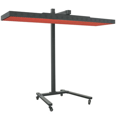 Angled white-background view of the JKG Rolling Stand for Red Light Therapy Panels holding a glowing panel on its caster base