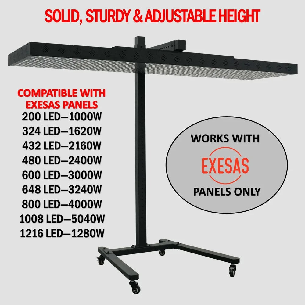 Compatibility chart listing EXESAS LED wattages beside the JKG Rolling Stand for Red Light Therapy Panels with panel mounted flat