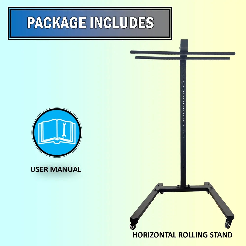 Package contents graphic pairing a user manual icon with the JKG Industries Horizontal Rolling Stand for Red Light Panels
