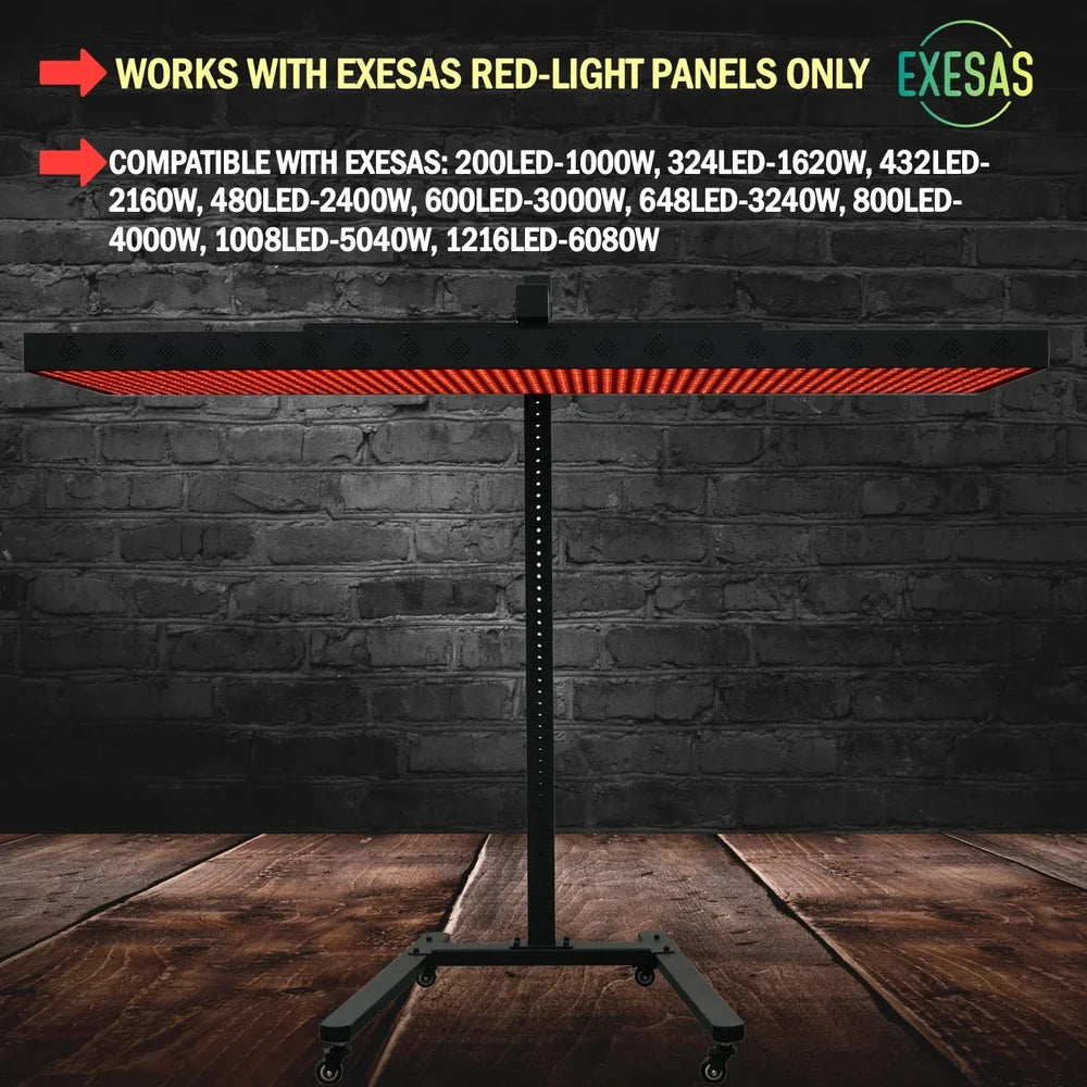 Front view against brick of the JKG Horizontal Rolling Red Light Therapy Panel Stand with EXESAS-only wattage compatibility text