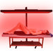 Illuminated panel held over a massage table by the JKG Horizontal Rolling Stand for Red Light Therapy Panels in a red-toned studio