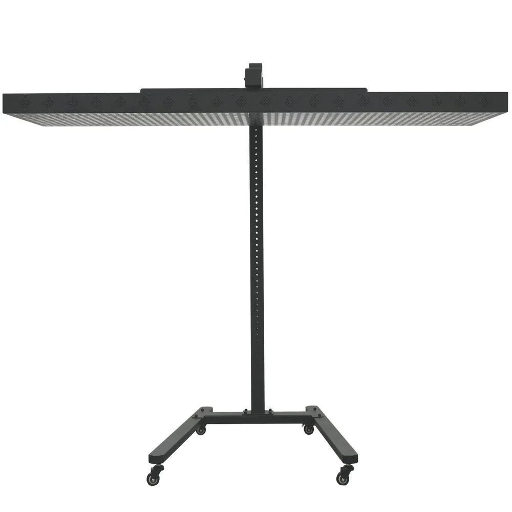 Straight-on white background view of the JKG Horizontal Rolling Stand for Red Light Therapy Panels with unlit panel mounted flat