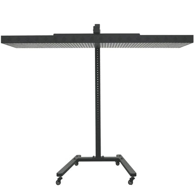 Straight-on white background view of the JKG Horizontal Rolling Stand for Red Light Therapy Panels with unlit panel mounted flat