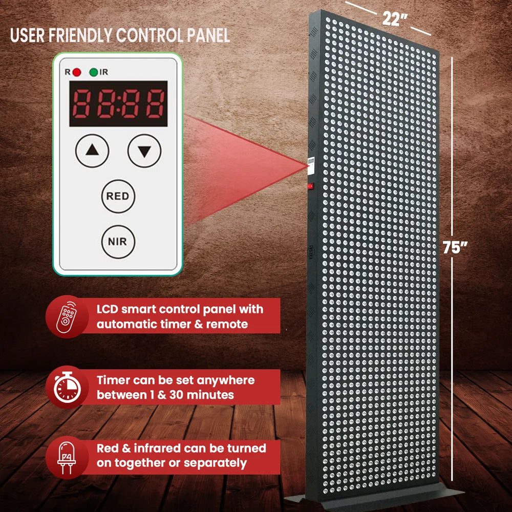 Enlarged LCD timer and RED and NIR buttons shown with the 75 inch JKG Industries LLC 1216 Red Light Therapy Panel