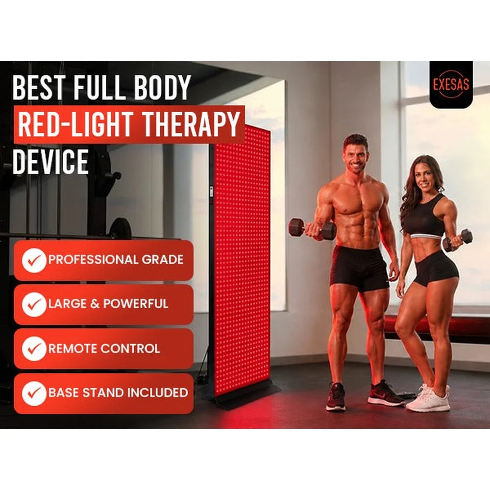 Two people training with dumbbells beside the lit JKG Industries LLC 1216 LED Light Panel and four feature checkmarks