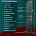 Spec list and labeled rear view with 75 by 22 by 2.6 inch sizing for the JKG Industries LLC 1216 Full Body Light Therapy Device