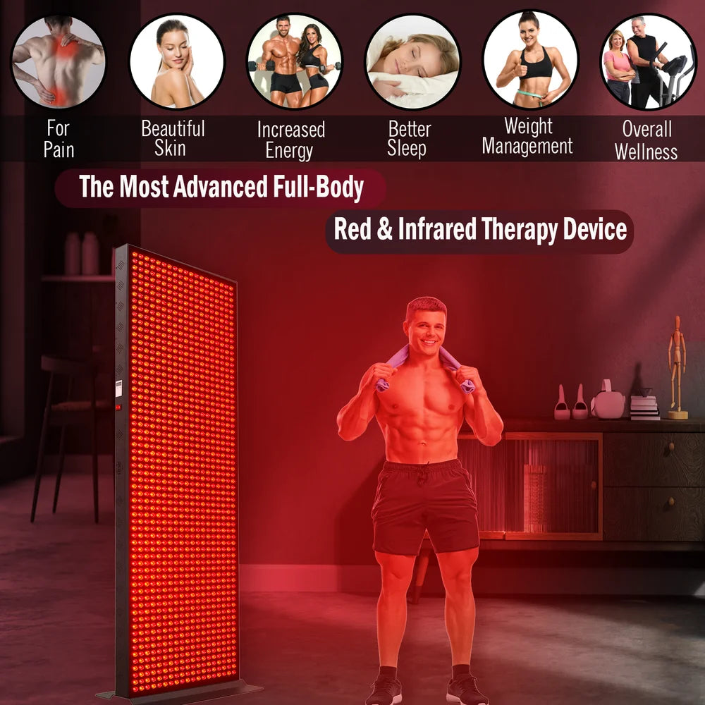 Man with a towel standing beside the glowing JKG Industries LLC 1216 Full Body Panel in a home room setting