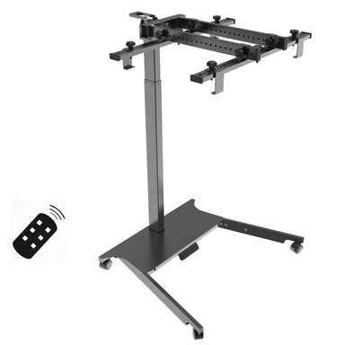 Bare frame render of the EXESAS Automatic Rolling Stand for Red Light Panels showing mounting rails, casters and base switch