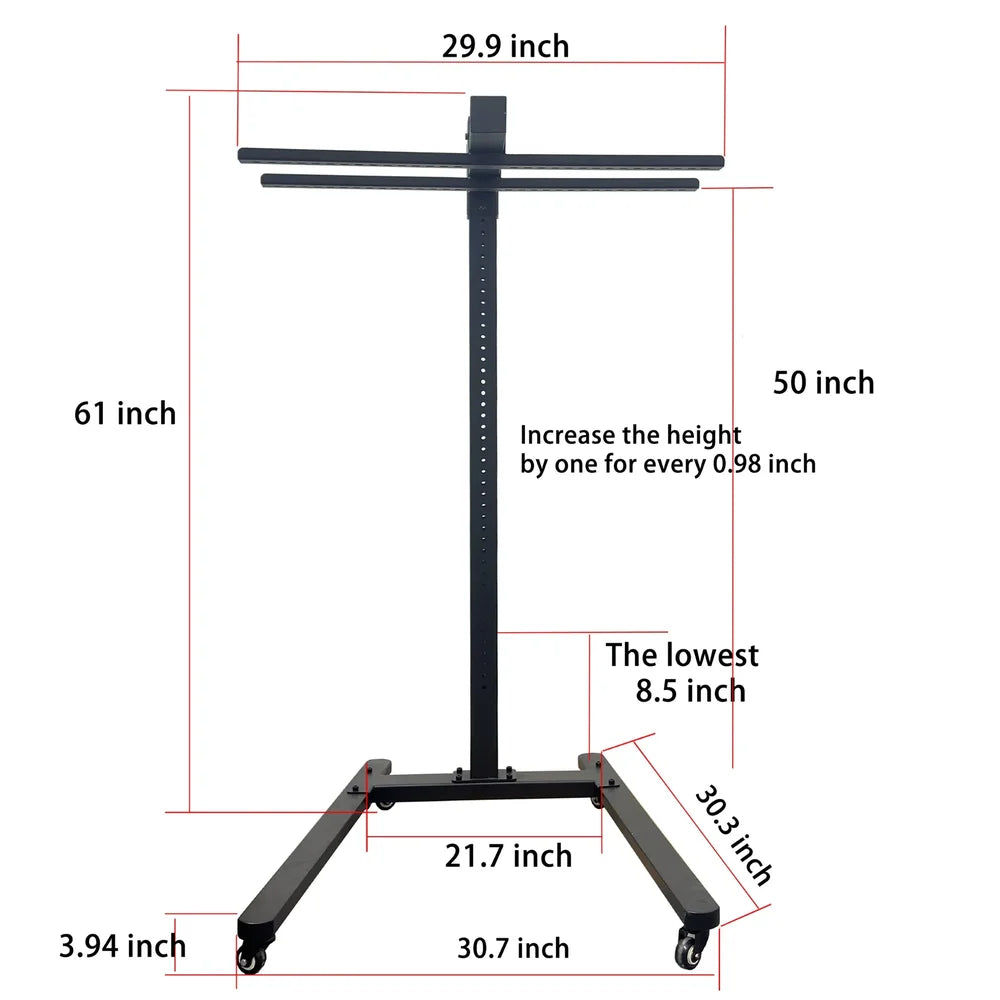 Measurement drawing labeling height, crossbar and base dimensions of the JKG Industries Horizontal Rolling Stand for Red Light Panels