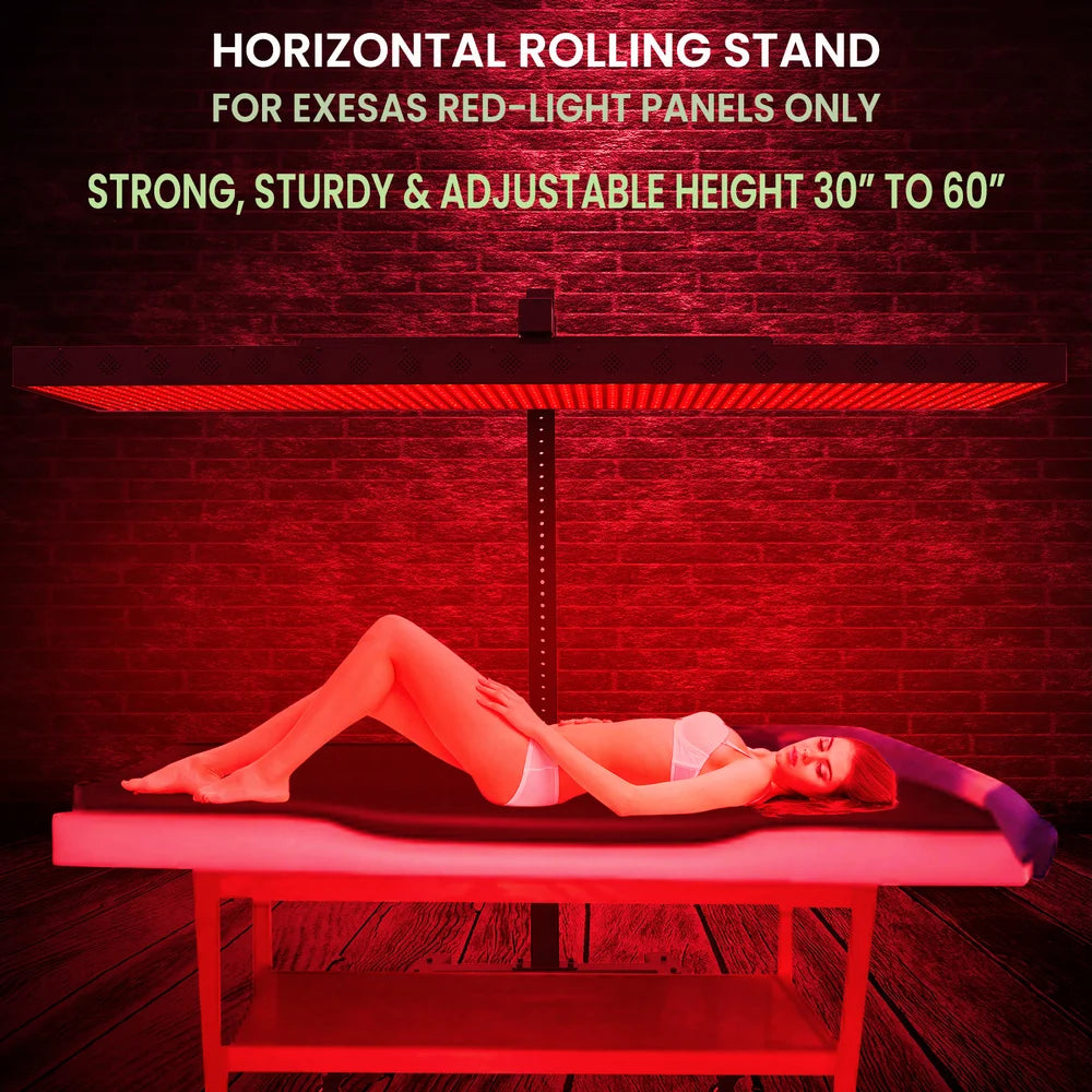 Woman lying under a glowing panel held above a table by the JKG Horizontal Rolling Red Light Therapy Panel Stand with height text