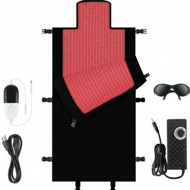 Open lit wrap shown with controller, goggles, power cord and adapter, the full Kore KoreKapsule Red Light Therapy Wraps set