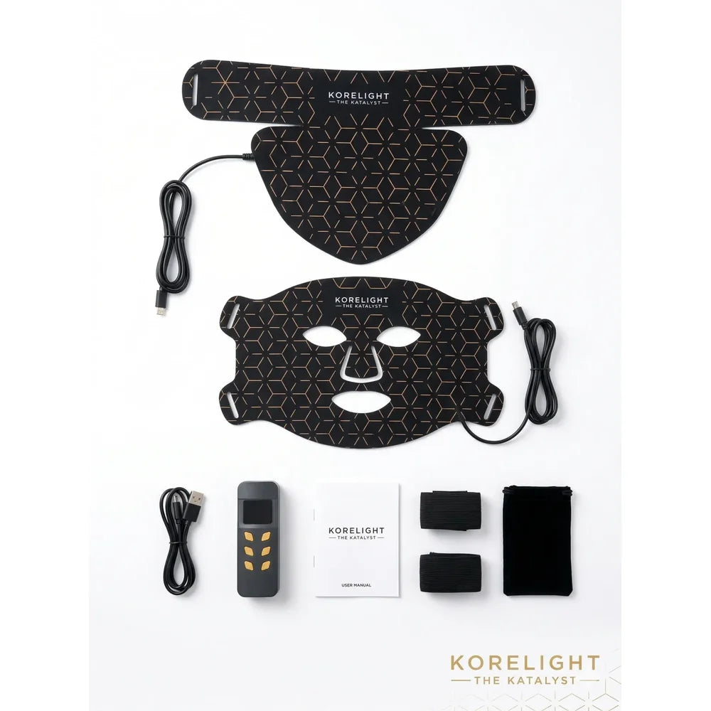 Face mask, neck panel, controller, straps, manual and pouch included with the KoreLight KoreMask Red Light Therapy Mask