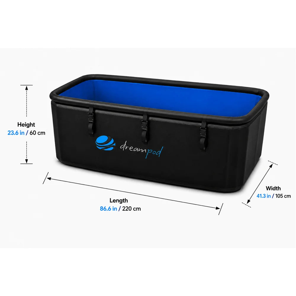 Black Dreampod Home Float FLEX Float Pod marked with 86.6 in length, 41.3 in width and 23.6 in height measurements