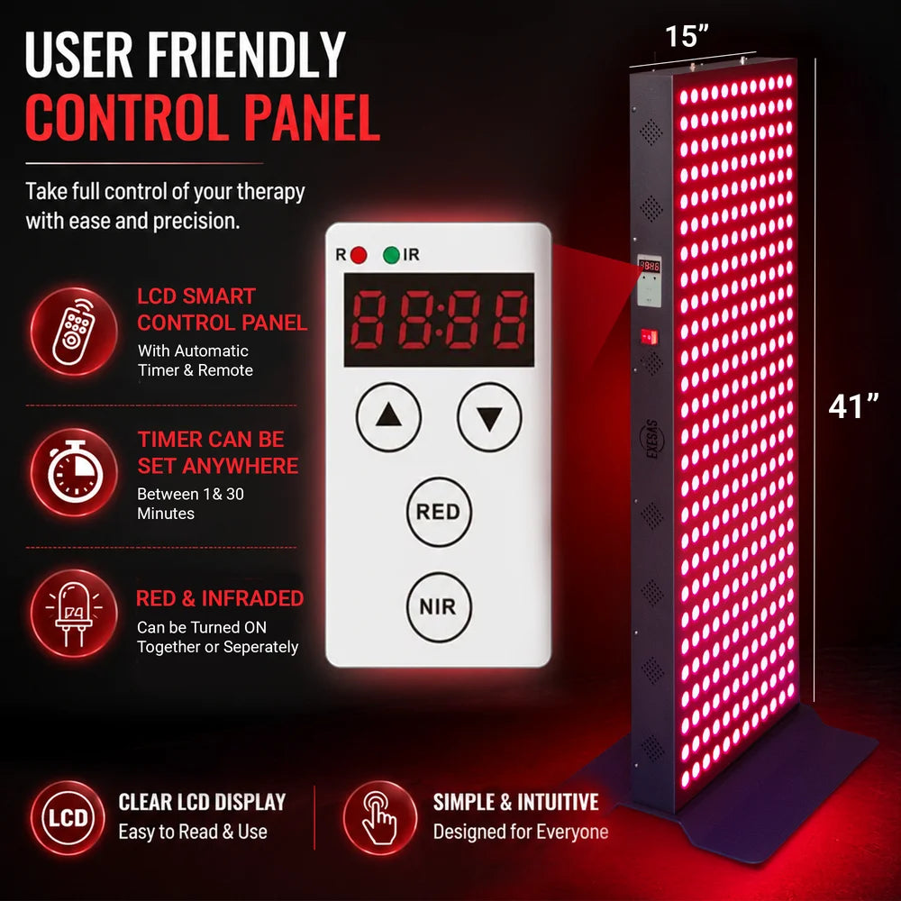 Close-up of the LCD timer control panel and RED and NIR buttons on the EXESAS 1620W Dual-Chip Red Light Therapy Panel