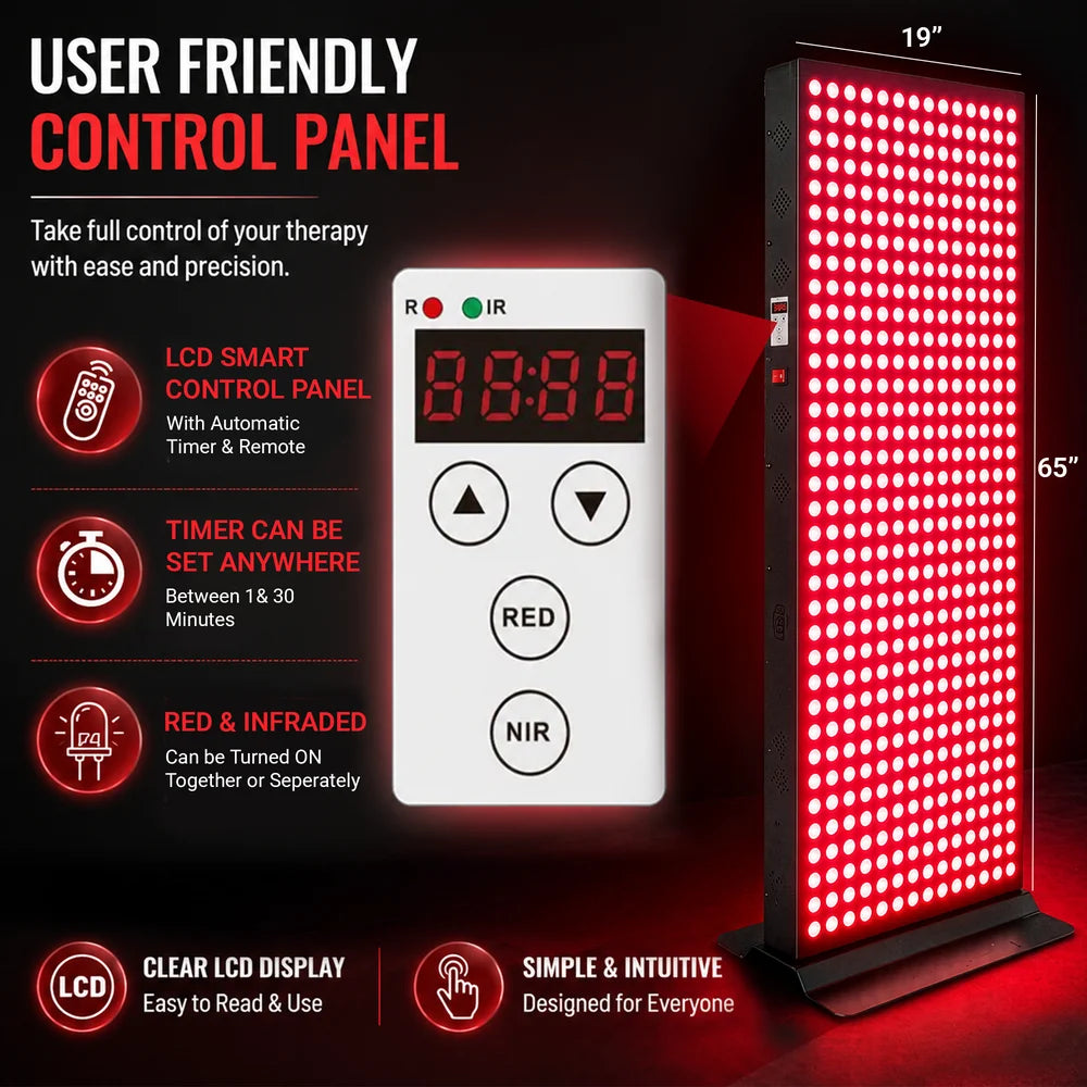 Enlarged LCD timer and RED and NIR buttons beside the lit EXESAS 4000W Full Body Red Light Therapy Device