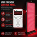 Enlarged LCD timer and RED and NIR buttons beside the lit EXESAS 4000W Full Body Red Light Therapy Device