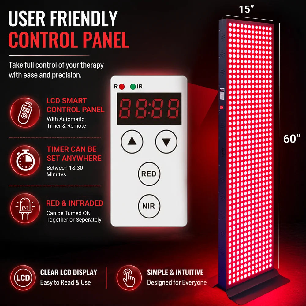 Close-up of the LCD timer control panel and RED and NIR buttons on the EXESAS Full Body LED Red Light Therapy Panel