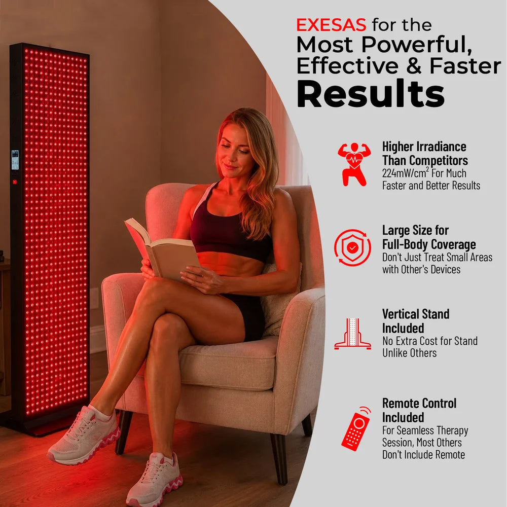 Seated woman beside the glowing EXESAS 600 LED Full Body Red Light Therapy Device with four feature callouts