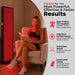 Seated woman beside the glowing EXESAS 600 LED Full Body Red Light Therapy Device with four feature callouts