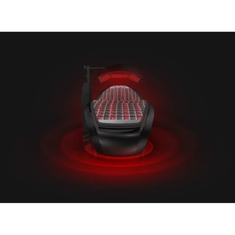 Foot-end render of the Tsb360 Longevity Bed showing the illuminated LED pad, canopy arm and control column