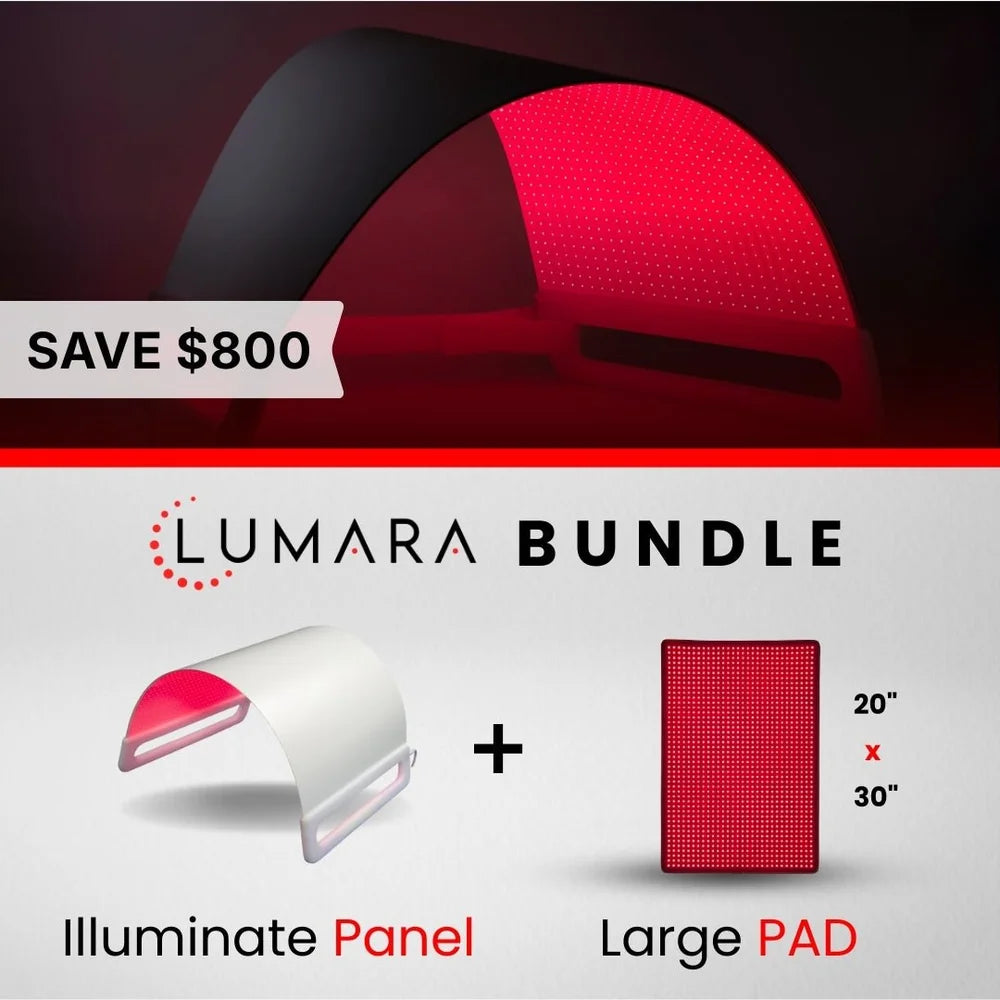 Bundle graphic pairing the Illuminate Panel with a 20 by 30 inch Lumara Pad Infrared Therapy Pad and an 800 dollar saving