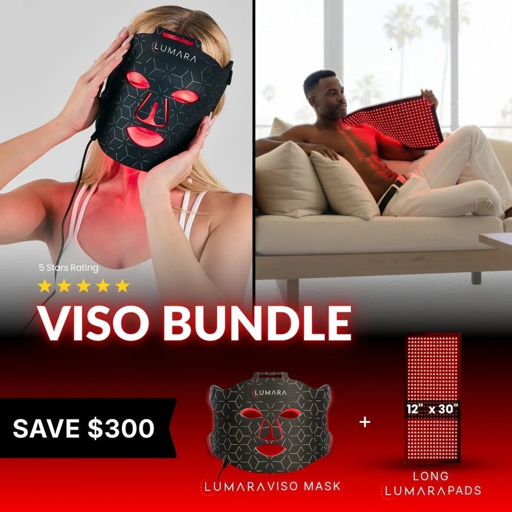 Viso Bundle artwork combining the LED mask with a 12 by 30 inch long Lumara Pad Red Light Therapy Device