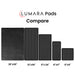 Size chart lining up five Lumara Pad options from 20x30 inches down to 11x11 inches on white