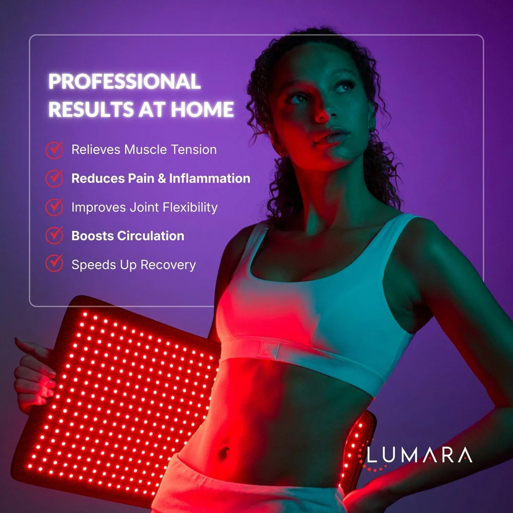 Checklist of five at-home benefits of the Lumara Pad shown beside a woman holding the glowing panel