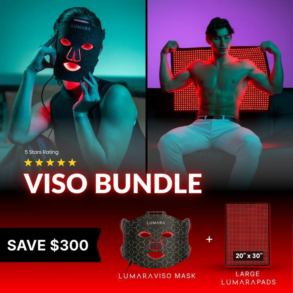 Viso Bundle promo pairing the LED mask with a 20 by 30 inch Lumara Pad Infrared Therapy Pad and a 300 dollar saving
