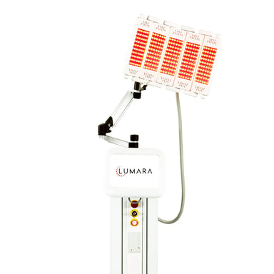 Complete Lumara PRO Light Therapy Panel on its stand with red LED head, articulating arm and branded touchscreen console