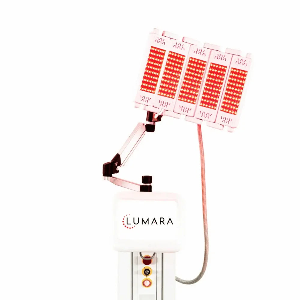 Angled red LED head and console of the Lumara Systems PRO Light Therapy Panel in a square white-background crop
