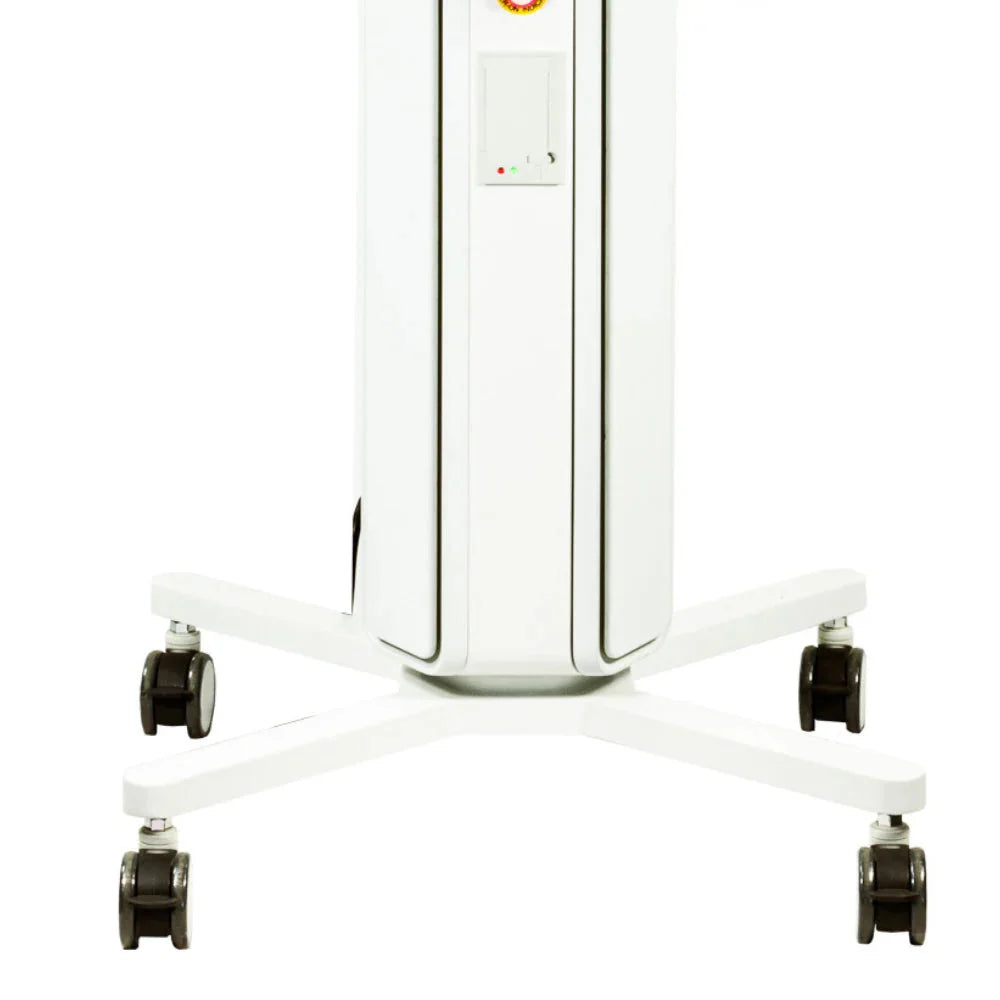 Caster wheel base and column indicator lights on the Lumara PRO Light Therapy Panel shown against a white studio backdrop