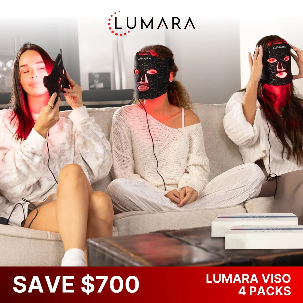 Three friends using the Lumara VISO Mask on a sofa in a four pack savings promotional graphic