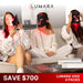 Three friends using the Lumara VISO Mask on a sofa in a four pack savings promotional graphic