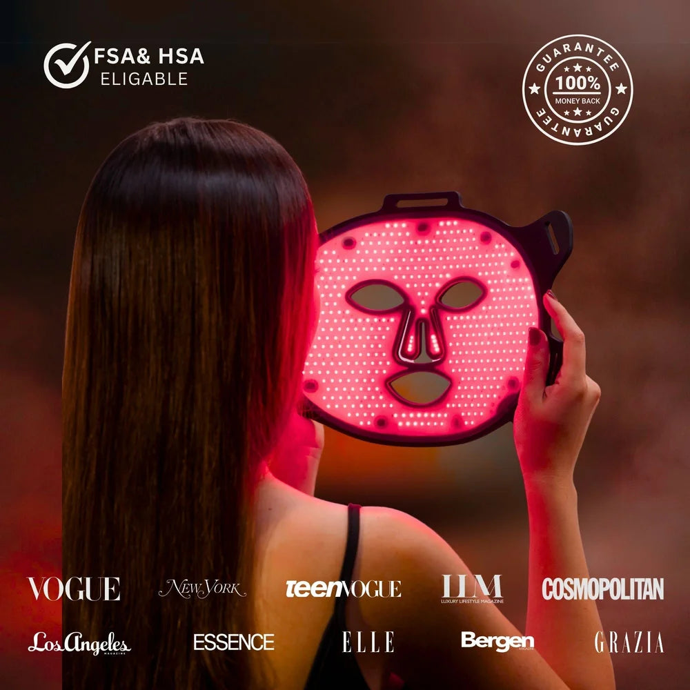Woman holding the glowing Lumara VISO Mask with FSA HSA eligibility badge and magazine press logos