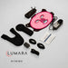 Everything included with the Lumara VISO Red Light Therapy Mask laid out: strap, controller, cable, eye shields, guide