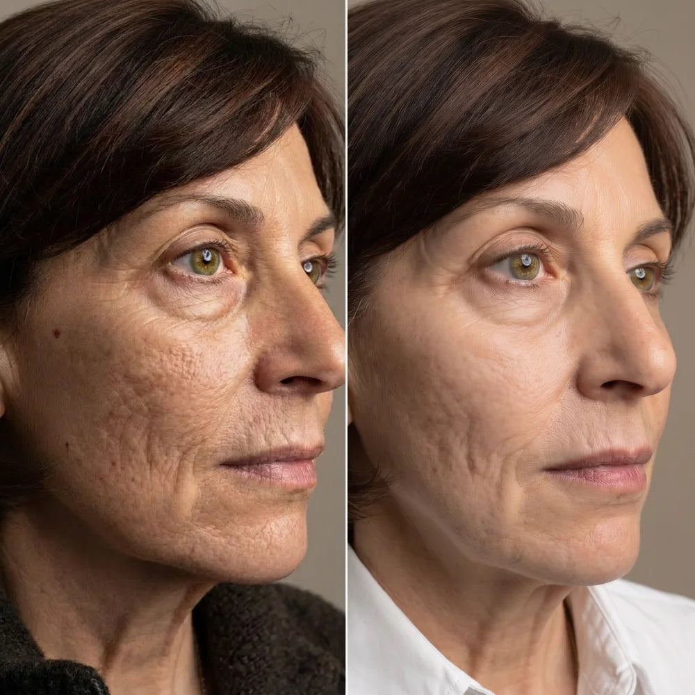Mature skin before and after profile pair illustrating firmer looking results with the Lumara VISO Mask