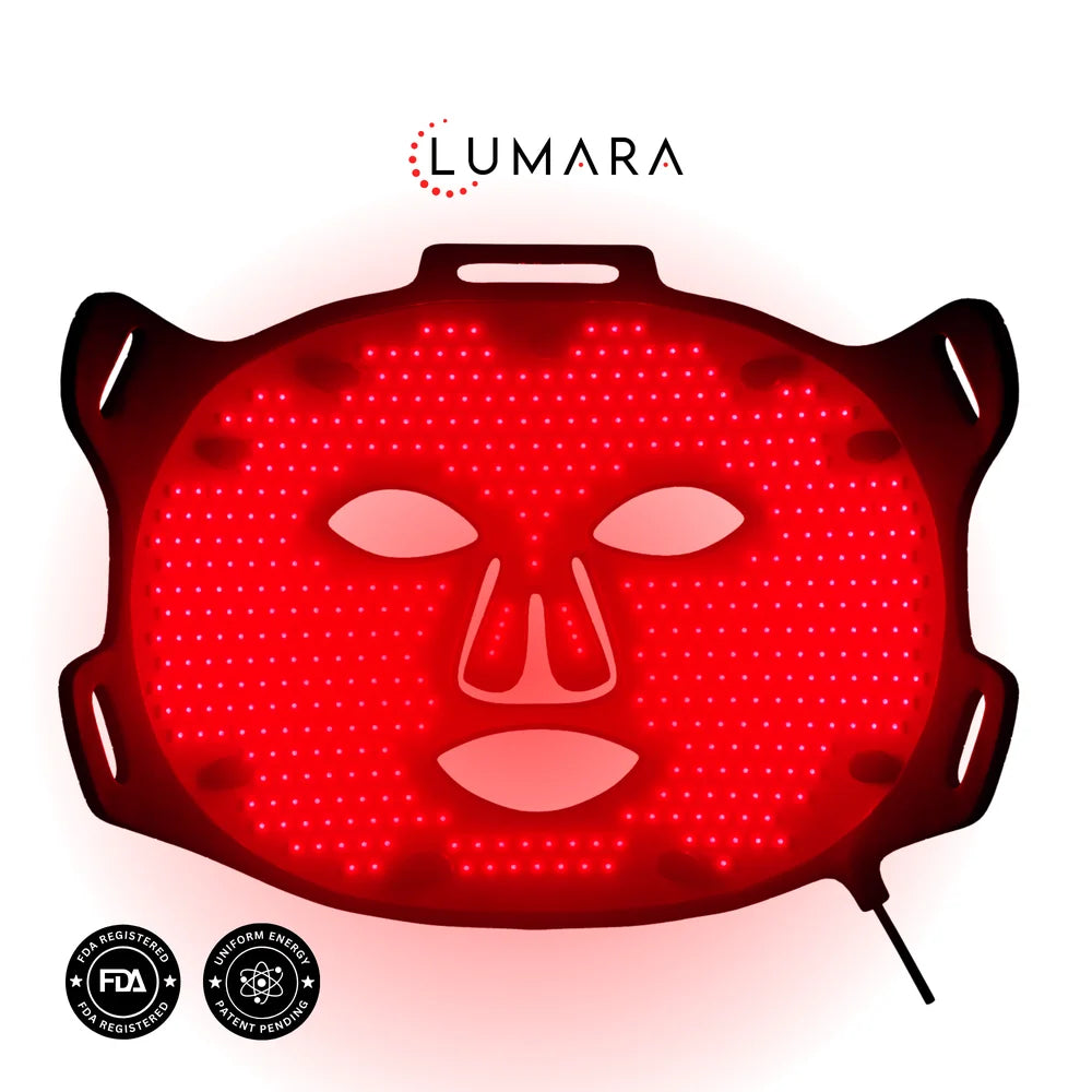 Straight on white background hero of the Lumara VISO Red Light Therapy Mask fully illuminated