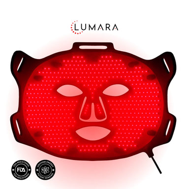 Straight on white background hero of the Lumara VISO Red Light Therapy Mask fully illuminated
