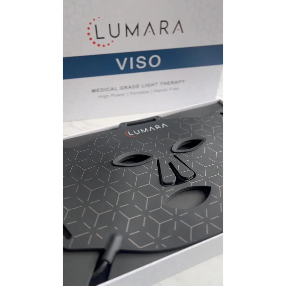 Close up of the geometric silicone face and cutouts on the Lumara VISO Face Mask in its box