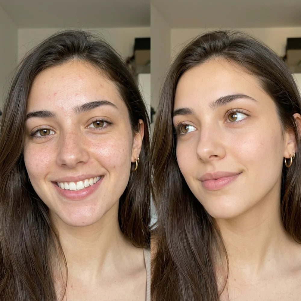Front facing before and after portraits showing tone and texture change with the Lumara VISO LED Mask