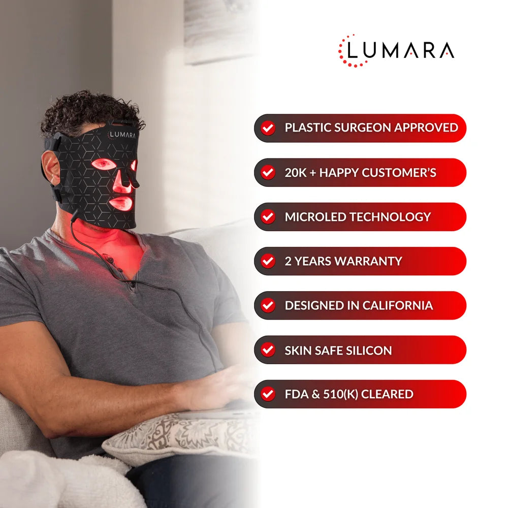 Seven feature badges listed beside a man wearing the Lumara VISO Red Light Therapy Mask at home