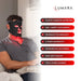 Seven feature badges listed beside a man wearing the Lumara VISO Red Light Therapy Mask at home