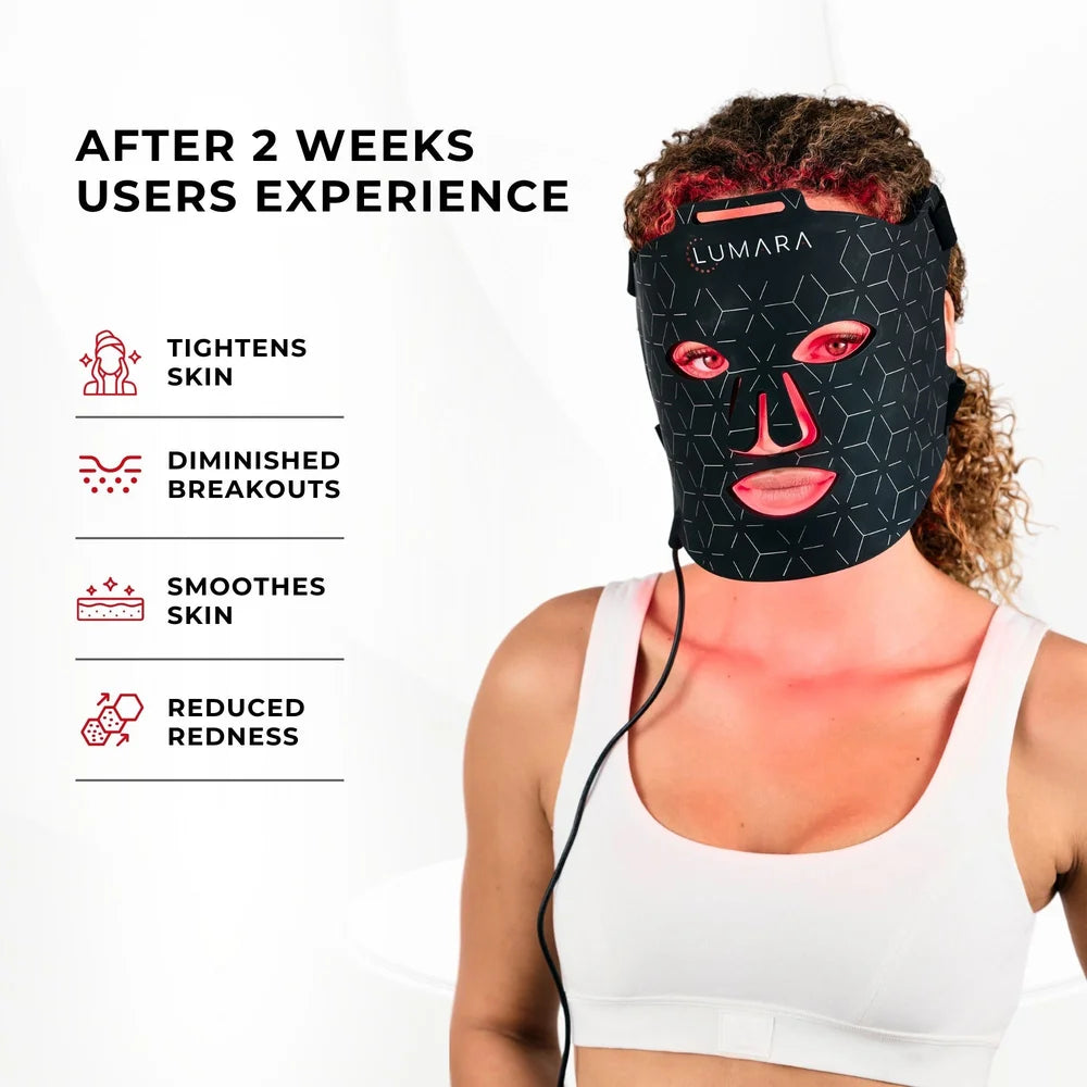 Woman wearing the Lumara VISO Face Mask beside a list of skin changes users report after two weeks
